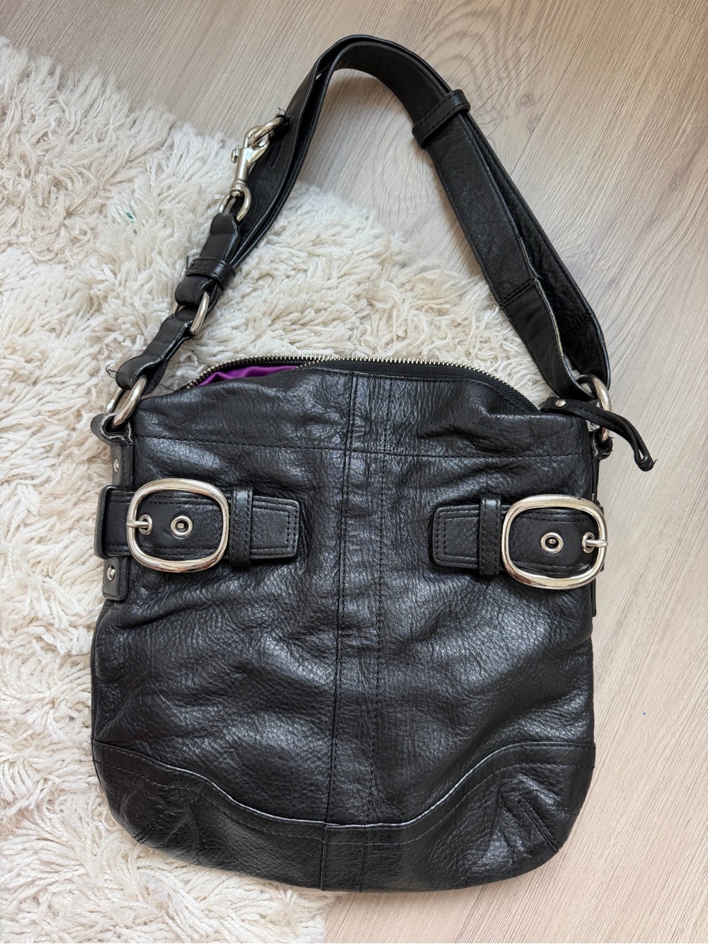 Coach Black Leather Shoulder Bag with Silver Buckles